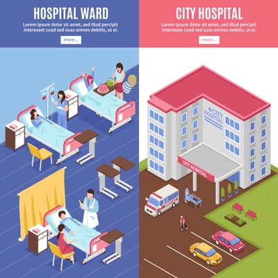 Hospital vertical banners set with city hospital symbols isometric isolated vector illustration