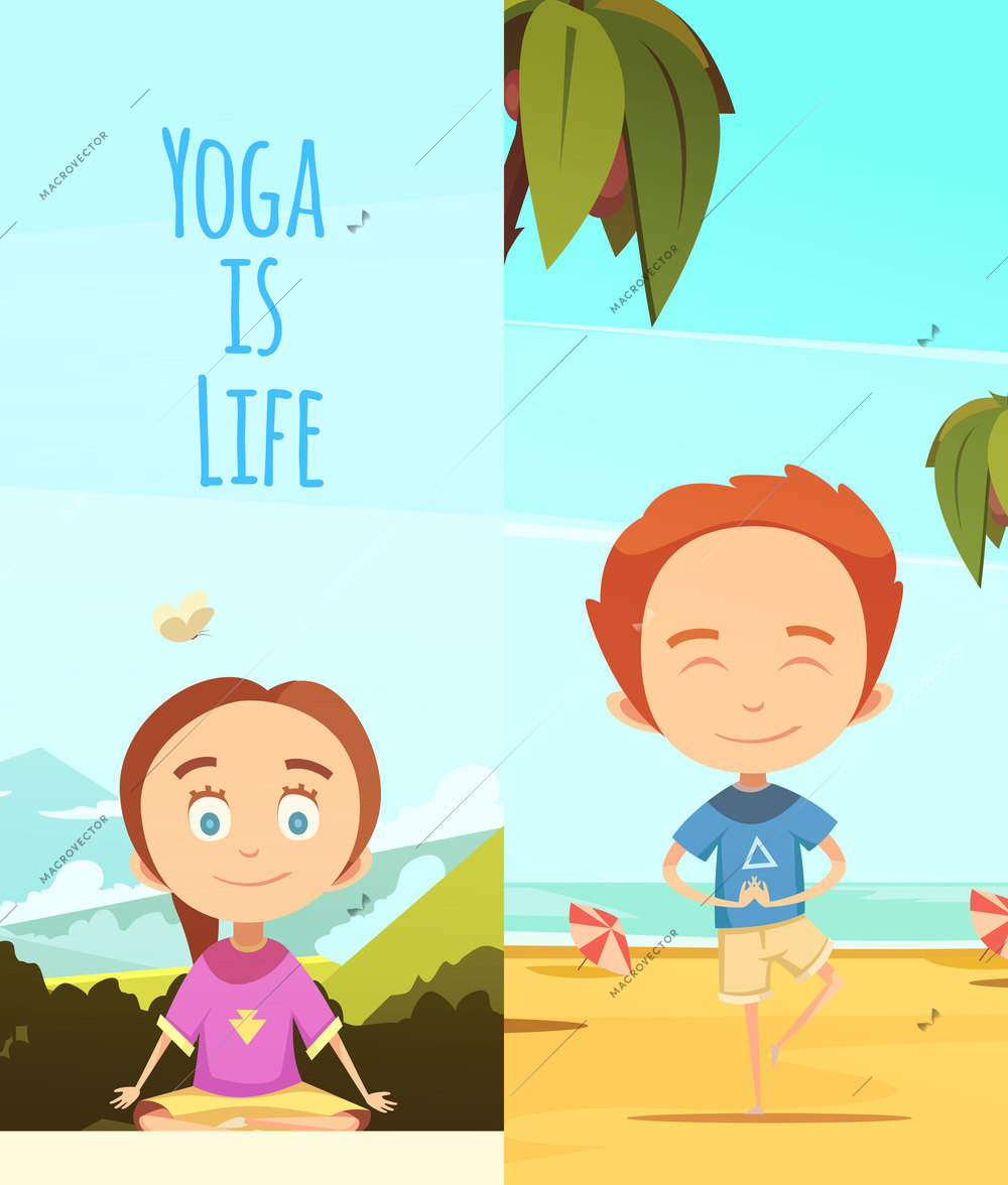 Yoga is life two vertical banners with cute kids doing yoga exercises on southern beach and mountains background flat vector illustration