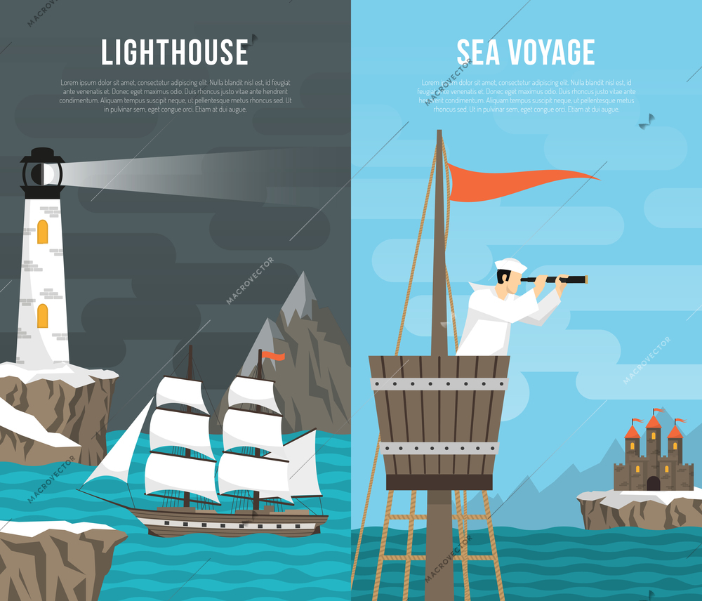 Nautical vertical banners set with lighthouse and sea voyage flat compositions vector illustration