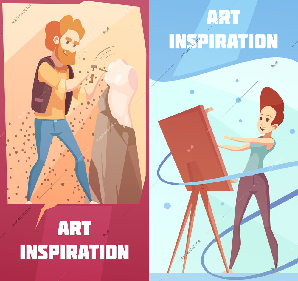 Art inspiration 2 vertical retro cartoon banners set with carving sculptor and painting artist isolated vector illustration