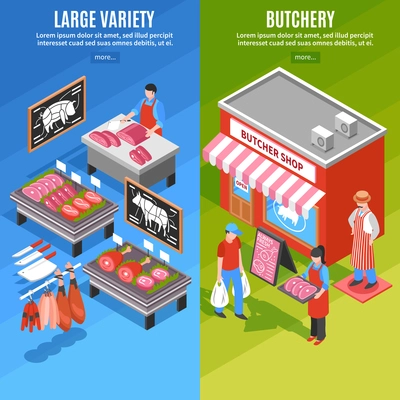 Isometric vertical banners with butchery shop outside and large variety of meat products isolated vector illustration