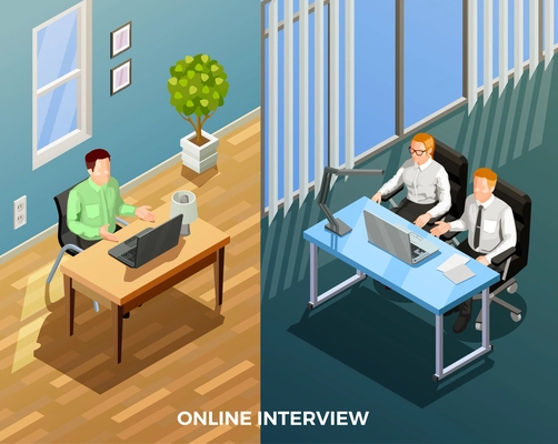 Online isometric people job interview composition with applicant and hr managers human characters during videoconference call vector illustration