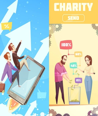 Two flat vertical banners on crowdfunding theme with  business startup and charity box cartoon compositions vector illustration