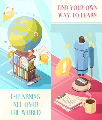 E-learning vertical isometric banners with online education worldwide and own way for studying isolated vector illustration