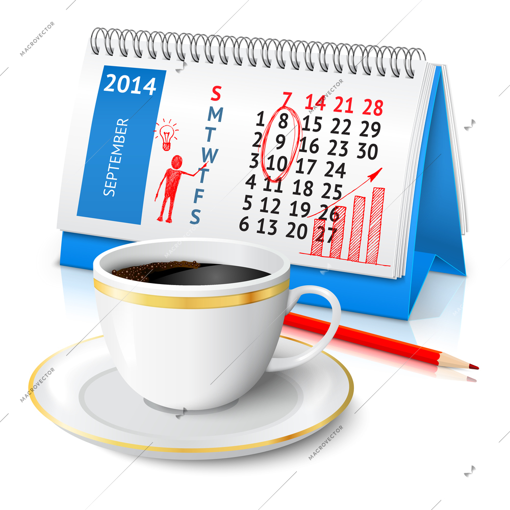 Spiral desk office calendar with business sketch red pencil and coffee cup vector illustration