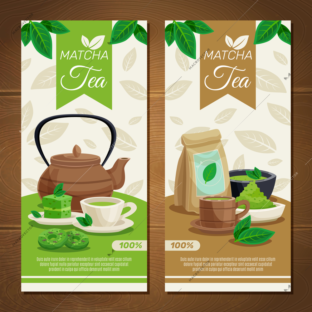 Japanese tea ceremony 2 vertical banners set with  green matcha powder dessert and teapot isolated vector illustration