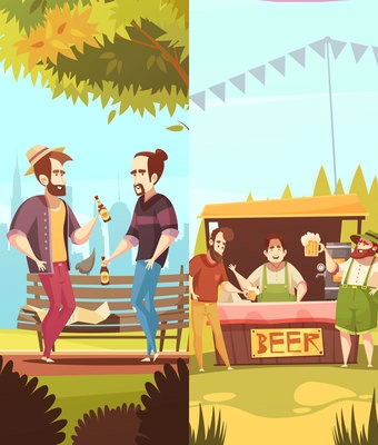 Two vertical banners on beer theme with group of male friends enjoying beer outdoor and laughing flat vector illustration