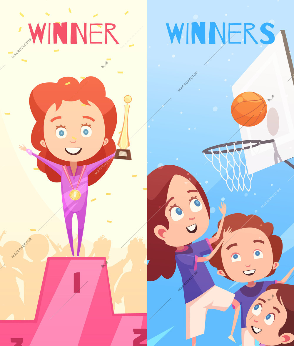 Kids sport vertical banners with team game and awards ceremony of winner on pedestal flat compositions vector illustration