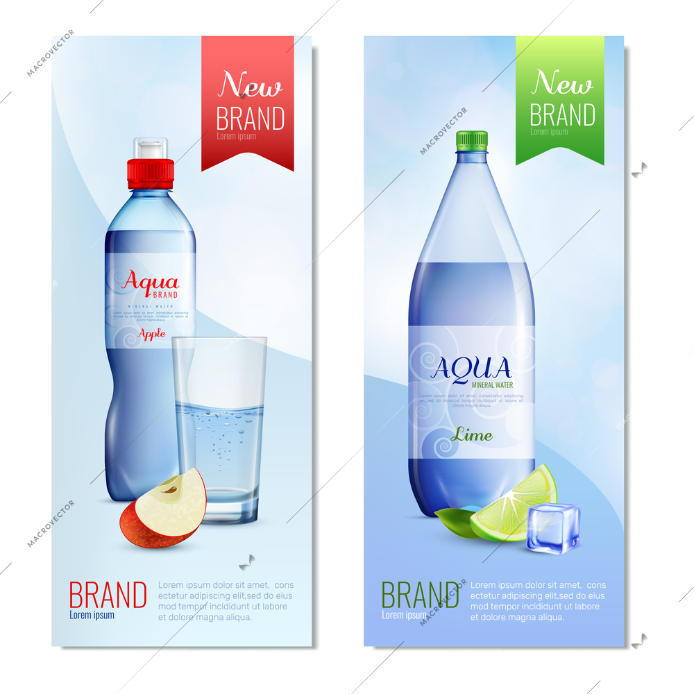 Two colored plastic bottle vertical banner set with new brand headlines on the ribbons vector illustration