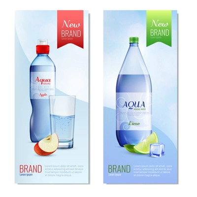 Two colored plastic bottle vertical banner set with new brand headlines on the ribbons vector illustration