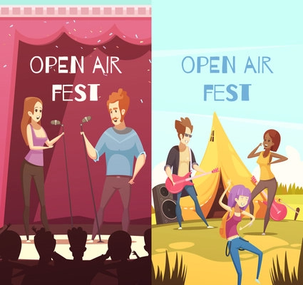 Open air festival singers and audience 2 retro cartoon vertical banners with onstage outdoor show isolated vector illustration