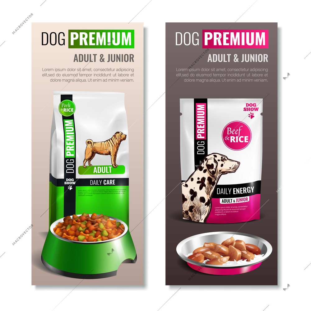 Two dog food vertical banner set with dog premium adult and junior headlines vector illustration