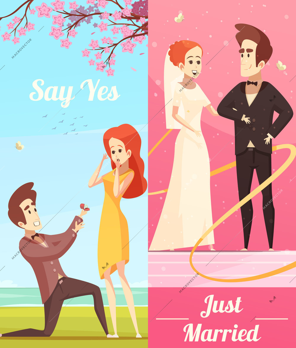 Couple in love vertical banners with young man offering hand and heart and honeymooners just married flat vector illustration