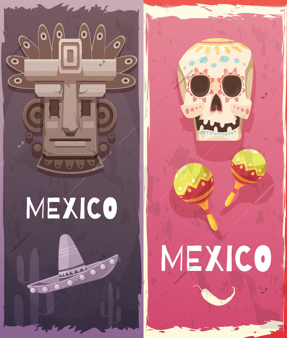Mexico vertical banners with aztec mask festival native symbols and music accessories flat vector illustration
