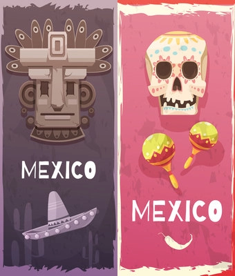 Mexico vertical banners with aztec mask festival native symbols and music accessories flat vector illustration