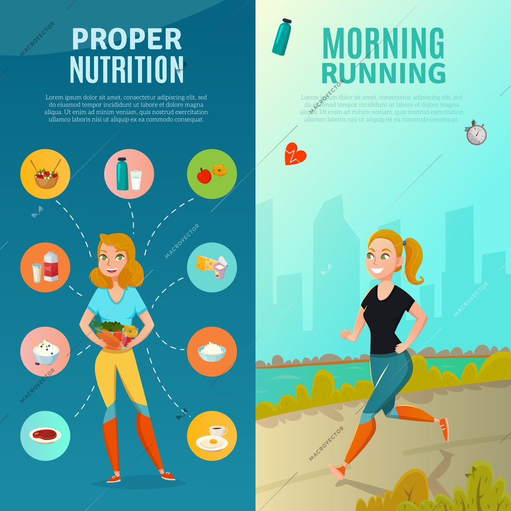 Healthy lifestyle vertical banners set with young woman having proper nutrition and running in morning cartoon isolated vector illustration