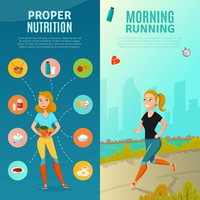 Healthy lifestyle vertical banners set with young woman having proper nutrition and running in morning cartoon isolated vector illustration