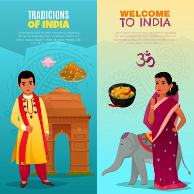 Cartoon set of two vertical banners with traditional cuisine national costumes and symbols of india isolated vector illustration