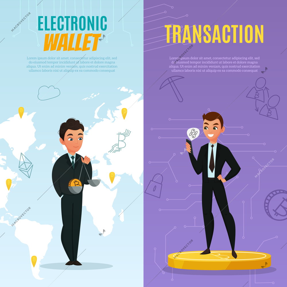 Cryptocurrency international electronic wallet vertical banners set cartoon isolated vector illustration