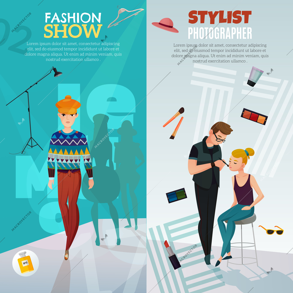 Fashion show vertical banners with guy model walking on catwalk, girl and stylist photographer isolated vector illustration