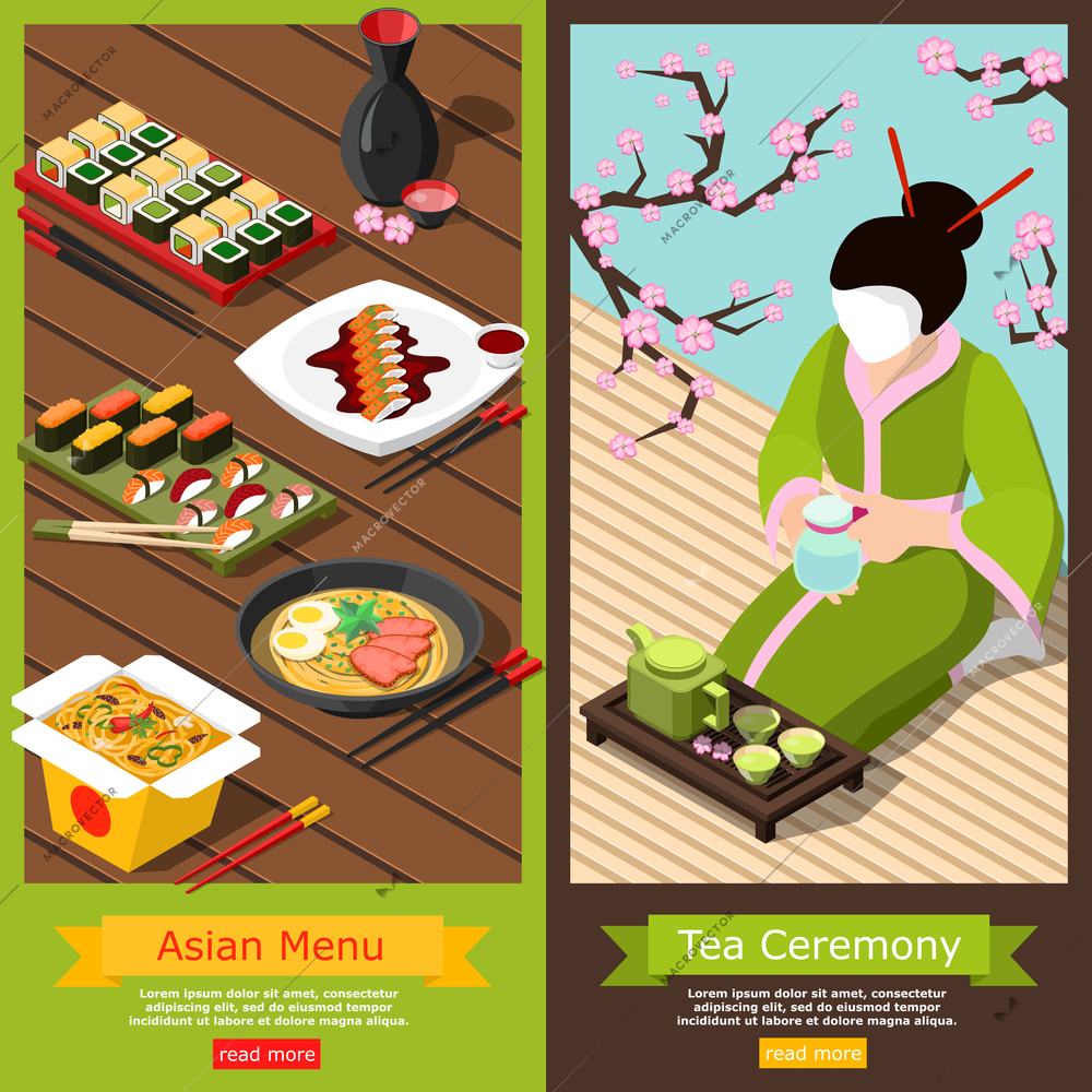 Isometric vertical banners set with diversified menu in sushi bar and tea ceremony composition 3d isolated vector illustration