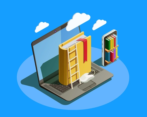 Online education isometric icons composition with laptop book smartphone electronic library and cloud computing conceptual images vector illustration