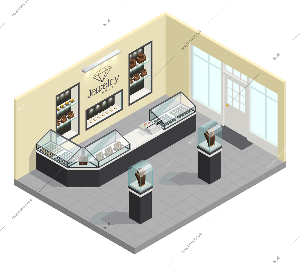 Jewelry shop isometric interior with female adornments in glass showcases without seller and buyers vector illustration