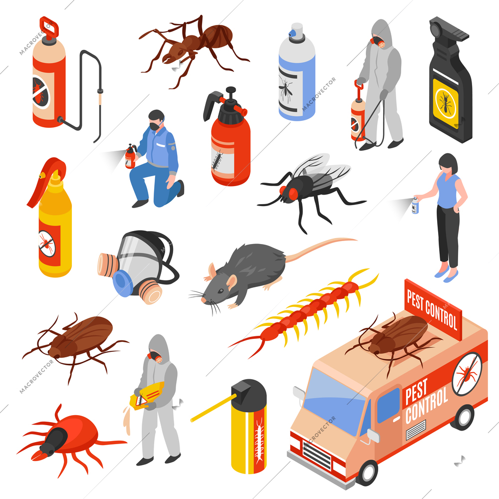 Pest control service workers 3d isometric icons set isolated on white background vector illustration