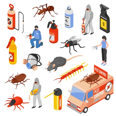 Pest control service workers 3d isometric icons set isolated on white background vector illustration