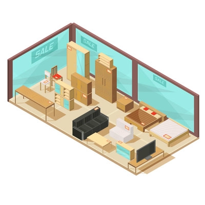 Composition with isometric furniture store with glass walls and wall cabinets tables sofas and double beds vector illustration