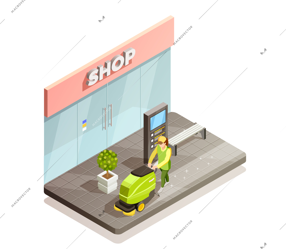 Cleaning isometric design composition with men vacuuming paving slabs near shop vector illustration