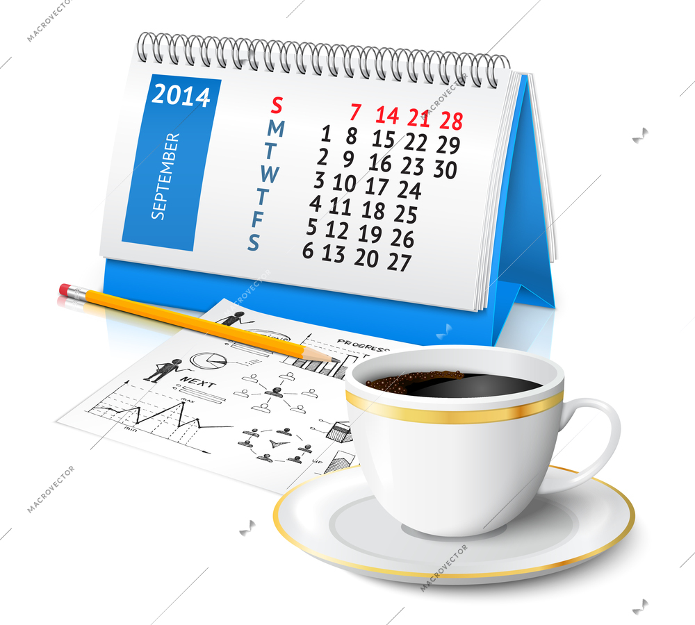 Spiral desk office calendar with business plan sketch and coffee cup vector illustration