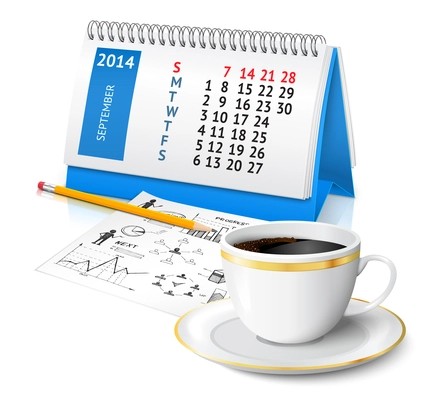 Spiral desk office calendar with business plan sketch and coffee cup vector illustration