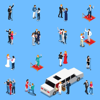 Celebrity isometric set with famous persons near limousine microphone on red carpet with admirers isolated vector illustration