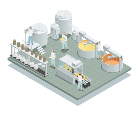 Contemporary cheese production factory floor with automated processing steps and personnel in uniform isometric composition vector illustration