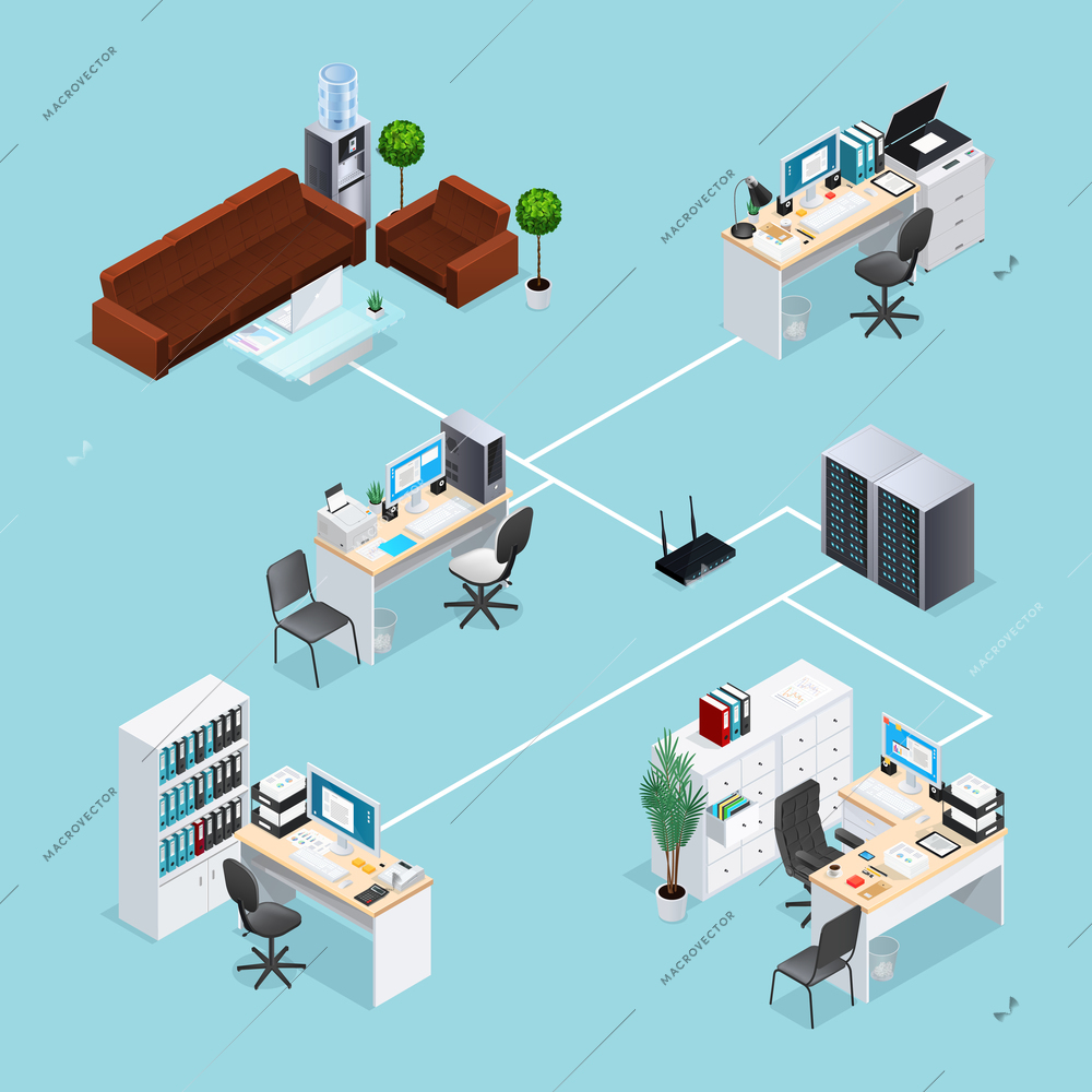 Office computer net with connection of workplaces and waiting area toward server through router isometric vector illustration