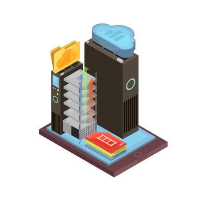 Cloud storage isometric design with video files and folder, server racks on mobile device screen vector illustration