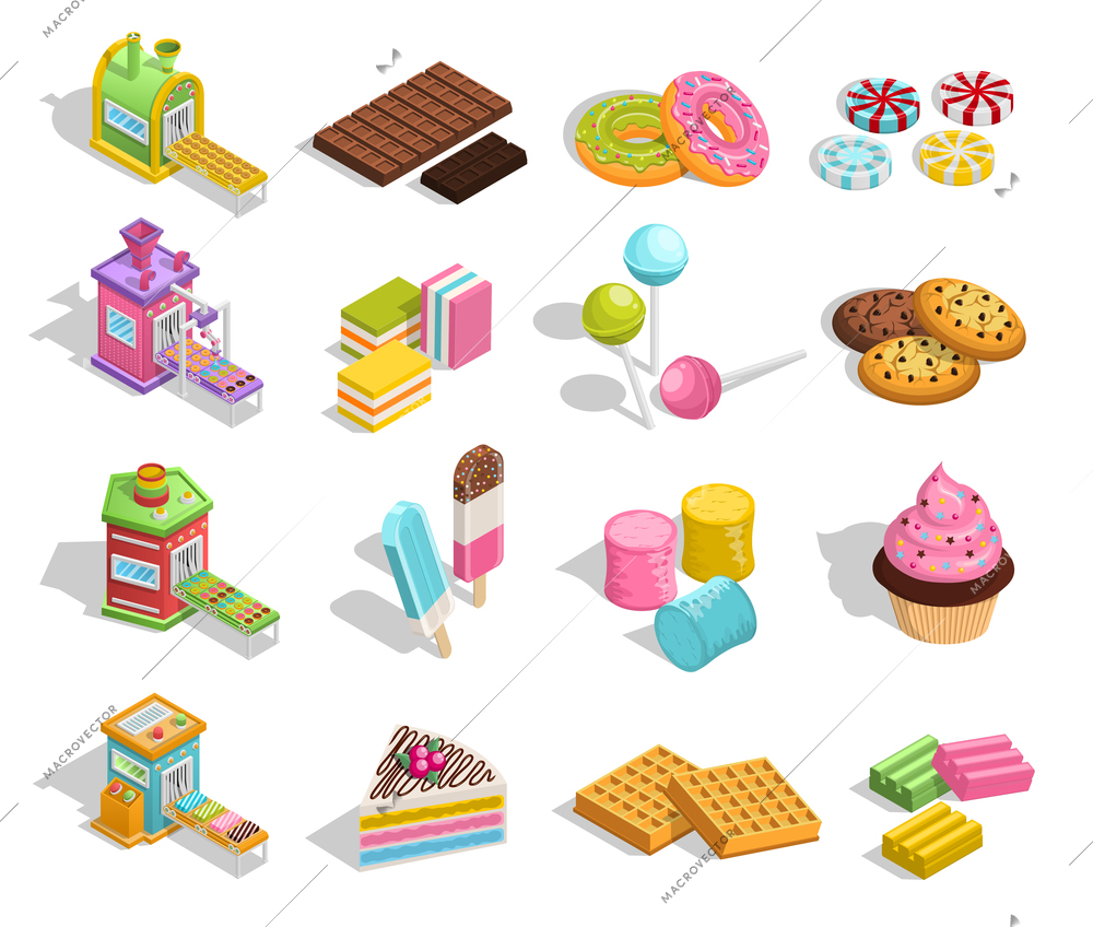 Confectionery factory set of sixteen isolated candy and pastry items pieces of cake donuts and chocolate vector illustration