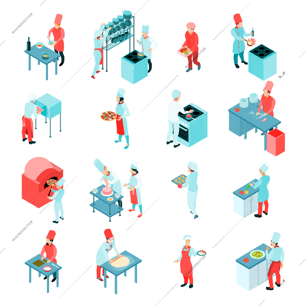 Isometric cooking set with chef working on restaurant kitchen and serving food vector illustration