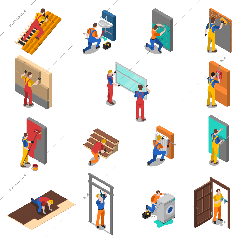 Colored isolated home repair worker people isometric icon set with different types of workers vector illustration