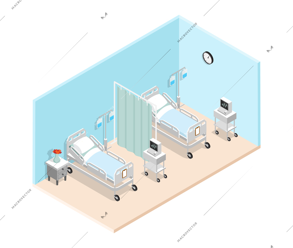 Hospital ward isometric interior with  specialized medical beds for bedridden patients dropper and cardiograph vector illustration