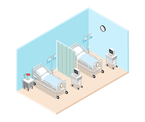 Hospital ward isometric interior with  specialized medical beds for bedridden patients dropper and cardiograph vector illustration