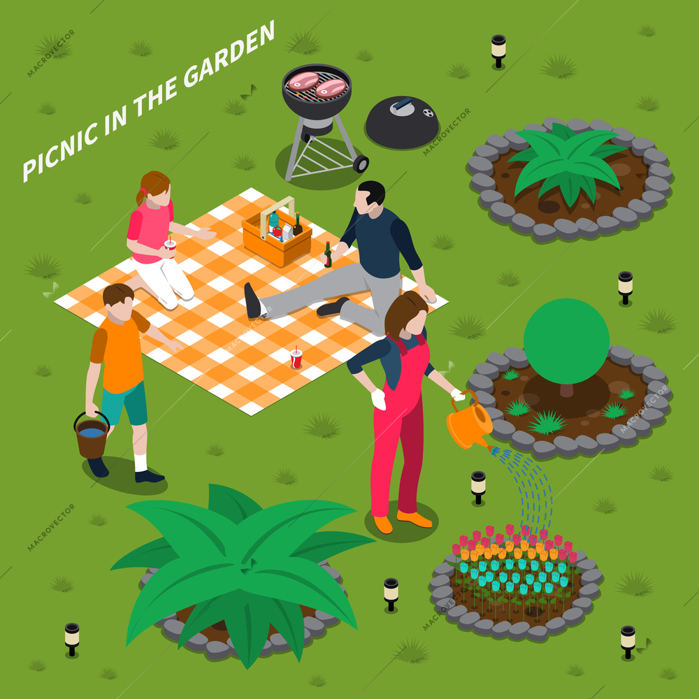 Picnic in garden isometric design concept with dad mom son and daughter resting in nature vector illustration