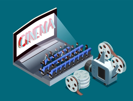 People watching movie at cinema and set of reels 3d isometric vector illustration