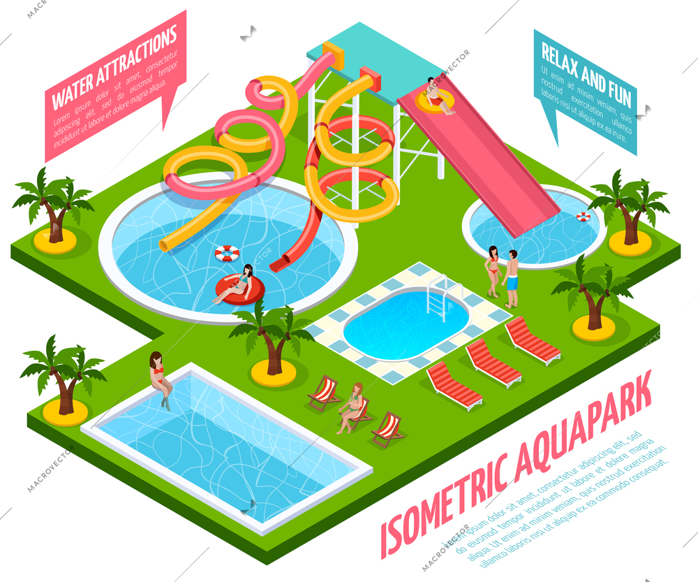 Colored aquapark isometric composition with water attractions relax and fun pointers vector illustration