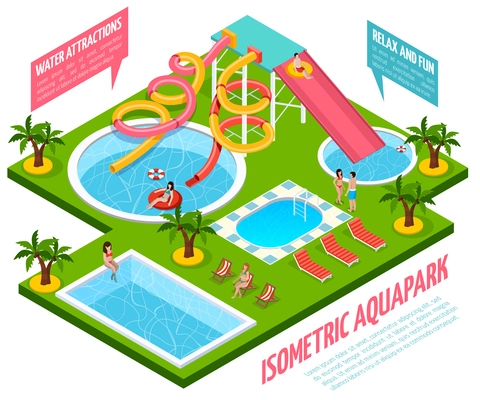 Colored aquapark isometric composition with water attractions relax and fun pointers vector illustration