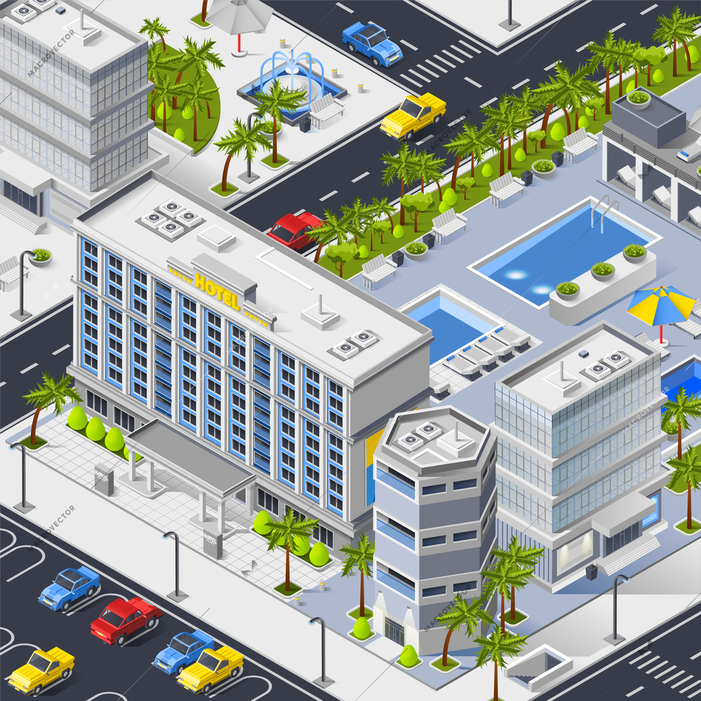 City landscape isometric composition with luxury hotel buildings pools and car parking  vector illustration