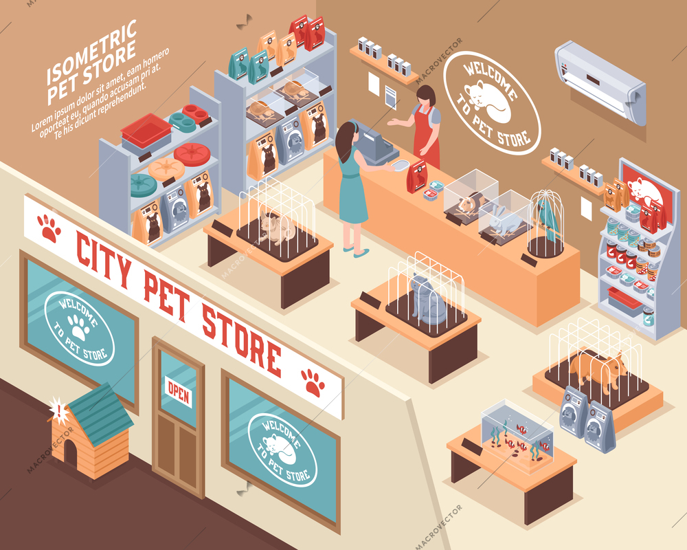 Colored isometric 3d pet shop composition with city pet store and visitors vector illustration