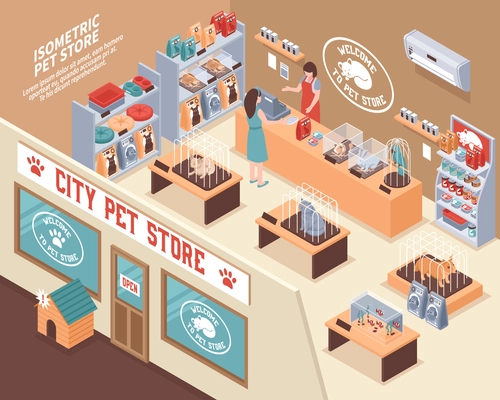 Colored isometric 3d pet shop composition with city pet store and visitors vector illustration