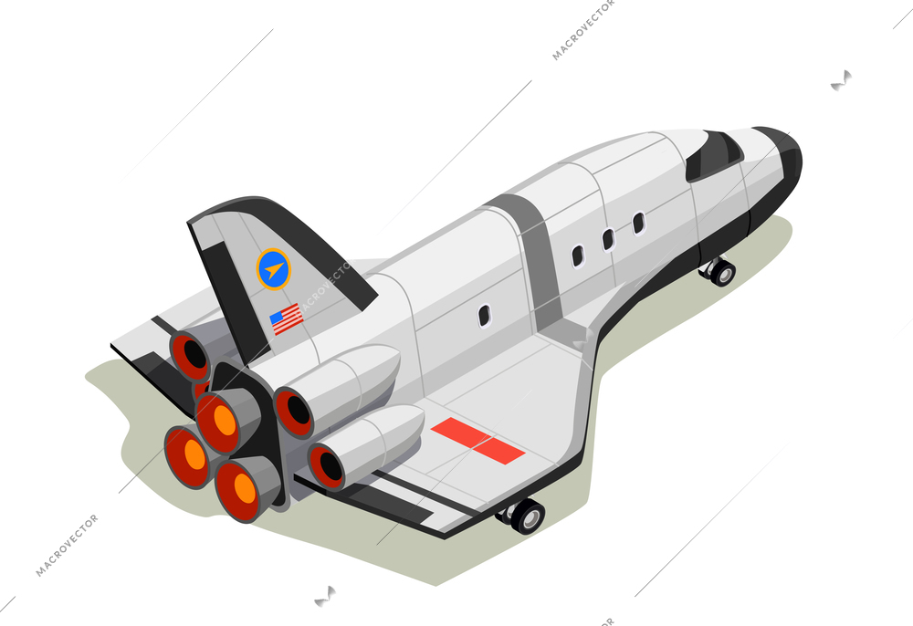 Astronauts space planet exploration isometric composition with isolated interstellar space ship on exhaust thrust with shadows vector illustration